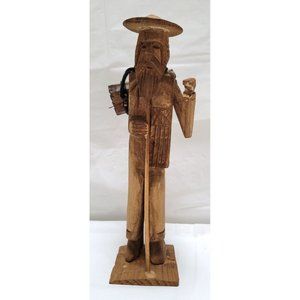 Asian Male Carrying Wood with Walking Stick - Wooden Hand Carved Sculpture 9"